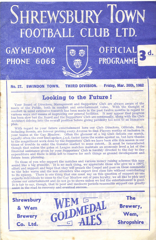 <b>Friday, March 30, 1962</b><br />vs. Shrewsbury Town (Away)
